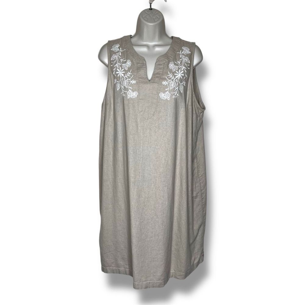 Croft & Barrow Linen Blend Sleeveless Shift Dress Tan Beige White Embroidery XL